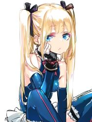 Rule 34 | 1girl, azuma sawayoshi, bare shoulders, black gloves, black ribbon, blonde hair, blue eyes, blue one-piece swimsuit, blue sleeves, blue thighhighs, blush, bow, breasts, covered navel, dead or alive, dead or alive 5, detached sleeves, frills, gloves, hair between eyes, hair ornament, hand on own cheek, hand on own face, head rest, highres, long hair, looking at viewer, marie rose, marie rose (devilish servant against the splashing waves), one-piece swimsuit, parted lips, red bow, ribbon, signature, simple background, sitting, skindentation, small breasts, smile, solo, swimsuit, thigh strap, thighhighs, thighs, twintails, very long hair, white background