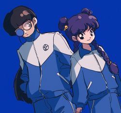 Rule 34 | 1boy, 1girl, alternate costume, bell, black hair, blue background, glasses, hair bell, hair ornament, jersey, long hair, luuxiriver, mousse (ranma 1/2), purple hair, ranma 1/2, round eyewear, shampoo (ranma 1/2), simple background, size difference, smile