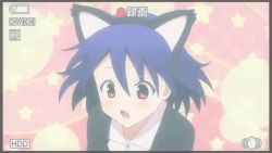 Rule 34 | 1girl, animal ears, animal hands, anime screenshot, blue hair, cat ears, cat paws, cat tail, lowres, open mouth, sitting, softenni, solo, tagme, tail