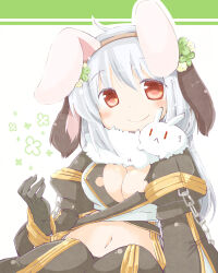 Rule 34 | 1girl, :&lt;, animal, animal ears, animal on shoulder, black coat, black gloves, black pants, blush, breasts, chain, cleavage, closed mouth, clover hair ornament, coat, commentary request, commission, extra ears, feet out of frame, floppy ears, futami yayoi, gloves, hair between eyes, hair ornament, highres, long bangs, long hair, long sleeves, looking at viewer, lunatic (ragnarok online), medium breasts, midriff, navel, pants, rabbit, rabbit ears, ragnarok online, red eyes, skeb commission, smile, warlock (ragnarok online), white hair