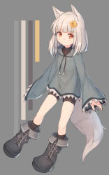 Rule 34 | 1girl, animal ears, bike shorts, black footwear, blunt bangs, boots, color guide, flower, hair flower, hair ornament, highres, looking at viewer, original, red eyes, shone, simple background, sleeves past wrists, smile, solo, sweater, tail, white hair, wide sleeves, wolf ears, wolf tail