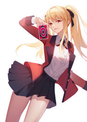 Rule 34 | 1girl, absurdres, black skirt, blonde hair, breasts, card, card game, feet out of frame, hair ribbon, highres, holding, holding card, j fang, jacket, kakegurui, leaning to the side, long hair, looking at viewer, open clothes, open jacket, open mouth, parted lips, red eyes, red jacket, ribbon, saotome mary, shirt, simple background, skirt, smile, solo, standing, twintails, white background, white shirt