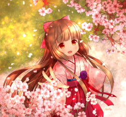 Rule 34 | 10s, 1girl, blush, bow, brown eyes, brown hair, cherry blossoms, hair bow, hakama, hakama skirt, idolmaster, idolmaster cinderella girls, idolmaster cinderella girls starlight stage, japanese clothes, long hair, looking at viewer, open mouth, ponytail, sally (pacch0614), skirt, solo, very long hair, yorita yoshino
