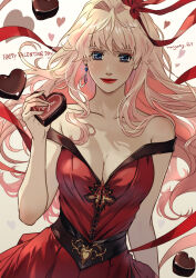 Rule 34 | 1girl, blonde hair, blue eyes, blush, box, breasts, candy, chocolate, chocolate heart, cleavage, collarbone, colored inner hair, dress, earrings, eyeshadow, floating hair, food, happy valentine, heart, heart-shaped box, highres, holding, holding box, jewelry, long hair, looking at viewer, macross, macross frontier, makeup, medium breasts, multicolored hair, pink hair, red dress, red eyeshadow, red lips, red ribbon, ribbon, ryu (masu nantoka-san), sheryl nome, single earring, smile, solo, very long hair, white background