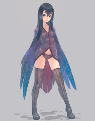 Rule 34 | 1girl, bird, black eyes, black hair, blush, boots, crow, long hair, original, panties, personification, petite, solo, striped clothes, striped thighhighs, thigh boots, thighhighs, underwear, vertical-striped clothes, vertical-striped thighhighs, weno