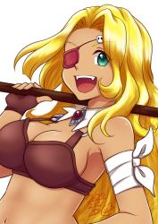 Rule 34 | 1girl, blonde hair, breasts, cleavage, dark-skinned female, dark skin, dated, eyepatch, fingerless gloves, gloves, green eyes, highres, long hair, looking at viewer, open mouth, ryo (rosebud), simple background, smile, solo, thousand arms, white background, wyna grapple