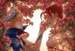 Rule 34 | 2boys, arabian clothes, bad id, bad pixiv id, blonde hair, blush, chest tattoo, closed eyes, completely nude, fate/grand order, fate (series), floral background, flower request, from side, gilgamesh, gilgamesh (caster) (fate), gilgamesh (fate), highres, large pectorals, leonidas (fate), male focus, multiple boys, muscular, muscular male, nipples, nude, pectorals, red hair, short hair, sib (utau7), smile, tattoo, turban, upper body