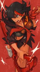 Rule 34 | 1girl, black hair, black skirt, breasts, brown eyes, clenched teeth, highres, holding, holding weapon, khyle., kill la kill, looking to the side, matoi ryuuko, medium breasts, red background, red ribbon, ribbon, school uniform, short hair, skirt, solo, sword, teeth, weapon
