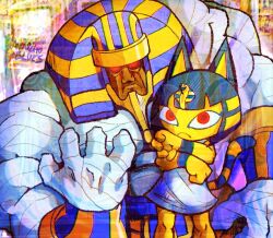 1boy 1girl 2021 abstract_background anakaris ancient_egyptian ancient_egyptian_clothes animal_crossing animal_ears ankha_(animal_crossing) arm_guards artist_name bandages blue_fur blue_hair blunt_bangs bob_cut body_fur bracelet breasts capcom cat_ears cat_girl cat_tail closed_mouth colored_skin crossover dark_skin darkstalkers dress frown furry furry_female glowing glowing_eyes hair_ornament hat jewelry loincloth looking_at_viewer mummy nemes nintendo protected_link red_eyes short_dress short_hair size_difference snake_hair_ornament standing striped_tail tail uraeus yellow_fur yellow_skin