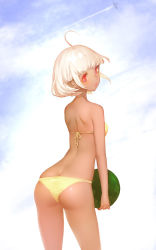 Rule 34 | 1girl, ahoge, aircraft, airplane, ass, bikini, breasts, butt crack, contrail, dark-skinned female, dark skin, food, from behind, fruit, gradient background, highres, looking back, original, orry, red eyes, shiny skin, short hair, small breasts, solo, swimsuit, tan, watermelon, white hair