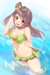Rule 34 | 10s, 1girl, :d, bad id, bad pixiv id, bikini, blush, breasts, brown eyes, brown hair, gradient background, green bikini, highres, long hair, looking at viewer, love live!, love live! school idol project, medium breasts, minami kotori, mudi shime, open mouth, partially submerged, scrunchie, side ponytail, smile, solo, striped bikini, striped clothes, swimsuit, wading