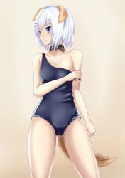 Rule 34 | 10s, 1girl, aira (qwedcxza49), animal ears, bad id, bad pixiv id, blue eyes, cameltoe, collar, collarbone, date a live, dog ears, dog tail, flat chest, hair ornament, highres, off shoulder, school swimsuit, short hair, solo, swimsuit, tail, tobiichi origami