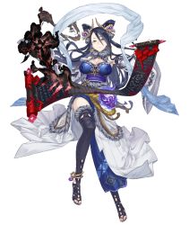 Rule 34 | 1girl, anklet, asymmetrical clothes, bare shoulders, black hair, breasts, detached sleeves, earrings, full body, fur collar, fur trim, grey eyes, hagoromo, hair ornament, jewelry, ji no, kaguya (sinoalice), large breasts, looking at viewer, nail polish, official art, scroll, serious, shawl, side slit, sinoalice, skull, smoke, solo, thighhighs, transparent background, wide sleeves