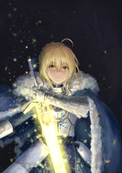 Rule 34 | 1girl, absurdres, ahoge, armor, armored dress, artoria pendragon (all), artoria pendragon (fate), black background, blonde hair, braid, cloak, excalibur (fate/stay night), eyebrows hidden by hair, fate/grand order, fate/stay night, fate (series), hair between eyes, highres, holding, holding sword, holding weapon, light, looking at viewer, saber (fate), solo, sword, weapon, yelan xing xuan