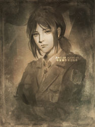 Rule 34 | 1girl, art of neight, artist name, bags under eyes, bolo tie, brown theme, closed mouth, collared shirt, commentary, emblem, english commentary, highres, jacket, lips, logo, looking at viewer, low ponytail, monochrome, paradis military uniform, pieck finger, ponytail, shingeki no kyojin, shirt, solo, survey corps (emblem), twitter logo, upper body