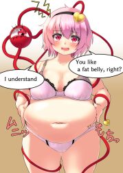 Rule 34 | 1girl, alternate body size, belly grab, black hairband, blush, bra, breasts, breasts apart, collarbone, commentary, cowboy shot, english commentary, english text, fat, gradient background, hair between eyes, hairband, head tilt, highres, komeiji satori, large breasts, light brown background, looking at viewer, navel, nerizou, open mouth, panties, pink bra, pink hair, pink panties, red eyes, simple background, solo, speech bubble, straight-on, thick thighs, thighs, touhou, underwear, underwear only, white background