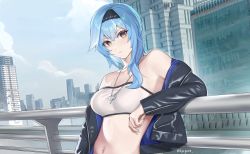Rule 34 | 1girl, absurdres, alternate costume, bandeau, bare shoulders, black hairband, black jacket, blue hair, blue sky, breasts, cityscape, closed mouth, cloud, commentary, contemporary, day, eula (genshin impact), genshin impact, hairband, highres, jacket, jewelry, kyogree, leather, leather jacket, long hair, looking at viewer, medium breasts, midriff, navel, necklace, open clothes, open jacket, railing, sky, solo, strapless, tube top, upper body, yellow eyes