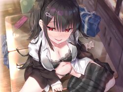 Rule 34 | 1girl, arm support, bag, black bra, black hair, black jacket, black panties, black skirt, blunt bangs, blush, bra, breasts, chair, classroom, cleavage, collarbone, collared shirt, desk, hair ornament, hairclip, highres, jacket, lace, lace-trimmed bra, lace trim, lens flare, long hair, looking at viewer, medium breasts, navel, non-web source, on desk, open clothes, open mouth, open shirt, original, panties, pencil case, plaid, plaid skirt, pleated skirt, rozea (graphmelt), school bag, school chair, school desk, school uniform, seductive smile, shirt, sidelocks, sitting, on desk, skirt, skirt around one leg, smile, solo, spread legs, sunlight, underwear, white shirt