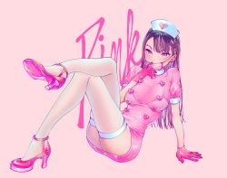Rule 34 | 1girl, absurdres, blush, bomhat, breasts, cleavage, dress, earrings, english text, gloves, hair ornament, hat, highres, jewelry, long hair, mask, medium breasts, mouth mask, nurse, nurse cap, original, pink background, pink dress, pink eyes, pink footwear, pink theme, platform footwear, platform heels, removing mask, sitting, solo, surgical mask, thighhighs