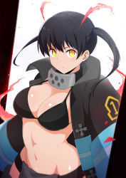 Rule 34 | 1girl, bikini, bikini under clothes, black bikini, black coat, black hair, breasts, bright pupils, cleavage, closed mouth, coat, collar, en&#039;en no shouboutai, fire, highres, large breasts, long hair, long sleeves, looking at viewer, navel, open clothes, open coat, serious, solo, stomach, strap gap, swimsuit, tamaki kotatsu, twintails, upper body, v-shaped eyebrows, white background, xiaodi, yellow eyes