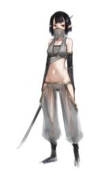 Rule 34 | 1girl, black footwear, blunt bangs, clothing cutout, deel (rkeg), elbow gloves, fishnets, gloves, grey pants, grey shirt, hair ornament, hairpin, hakama, hakama pants, highres, hip vent, japanese clothes, navel, original, pants, pointy ears, red eyes, revealing clothes, shirt, shoes, short hair, simple background, solo, sword, thigh cutout, veil, weapon