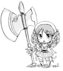Rule 34 | 00s, armor, axe, boots, chibi, dress, drill hair, earrings, elbow gloves, flat chest, gauntlets, gloves, greyscale, hairband, highres, iron princess ymir, jewelry, monochrome, pointy ears, queen&#039;s blade, skirt, solo, thighhighs, weapon, ymir (queen&#039;s blade), ymir (queen's blade), zettai ryouiki