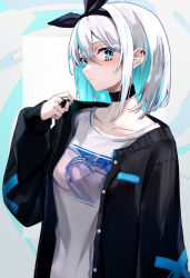 Rule 34 | 1girl, absurdres, bad id, bad twitter id, black choker, black jacket, blue eyes, blue hair, blush, bow hairband, choker, closed mouth, colored inner hair, ear piercing, hair between eyes, hairband, highres, jacket, jewelry, long sleeves, looking at viewer, multicolored hair, nanashinayuzu mochi, open clothes, open jacket, original, piercing, ring, shirt, solo, upper body, white hair, white shirt