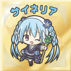 Rule 34 | 1girl, ;d, black footwear, blue bow, blue flower, blue hair, blush, bow, braid, character name, chibi, cineraria (flower knight girl), dress, flower, flower knight girl, full body, hair flower, hair ornament, hairband, holding, kneehighs, long hair, long sleeves, one eye closed, open mouth, outstretched arm, purple dress, purple eyes, purple socks, ri-net, shoes, smile, socks, solo, standing, standing on one leg, very long hair, white hairband