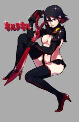 Rule 34 | 10s, 1girl, bigoru, black thighhighs, blue eyes, boots, breasts, gloves, grey background, high heel boots, high heels, highres, kill la kill, lips, looking at viewer, matoi ryuuko, navel, short hair, simple background, sitting, skirt, solo, sparkle, thigh boots, thighhighs, weapon
