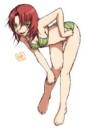 Rule 34 | 00s, 1girl, adjusting clothes, adjusting swimsuit, bare legs, barefoot, bent over, bikini, brown hair, full body, green bikini, green eyes, juliet nao zhang, my-hime, my-otome, oekaki, parted bangs, red hair, short hair, simple background, solo, standing, striped bikini, striped clothes, swimsuit, thigh gap, white background, yakibuta, yuuki nao