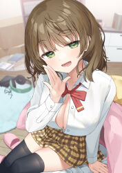 Rule 34 | 1girl, :d, arm at side, arm support, black thighhighs, blurry, blurry background, bow, bowtie, breasts, brown hair, cleavage, collared shirt, eyelashes, feet out of frame, green eyes, half-closed eyes, hand to own mouth, hand up, head tilt, highres, indoors, large breasts, legs together, light blush, long sleeves, looking at viewer, medium hair, muninshiki, naughty face, no bra, open clothes, open mouth, open shirt, original, partially unbuttoned, plaid, plaid skirt, pleated skirt, raised eyebrows, red bow, red bowtie, room, shirt, sitting, skirt, smile, solo, thighhighs, thighs, wavy hair, white shirt, zettai ryouiki