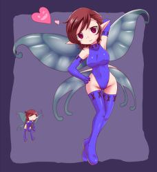 Rule 34 | alternate breast size, atlus, blue thighhighs, breast envy, breasts, covered erect nipples, elbow gloves, fairy, full body, gloves, hand on own hip, heart, large breasts, leotard, megami tensei, nollety, persona, pixie (megami tensei), pointy ears, purple background, red eyes, red hair, thighhighs
