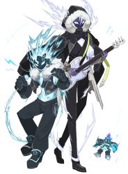 Rule 34 | 2boys, fur-trimmed jacket, fur trim, gigantic spright, gloves, guitar, highres, holding, holding microphone, instrument, jacket, jacket on shoulders, long sleeves, male focus, microphone, midriff, multiple boys, music, open clothes, open jacket, pants, playing instrument, sakuragi raia, shoes, simple background, sleeveless, sleeveless jacket, spright blue, spright jet, white background, yu-gi-oh!