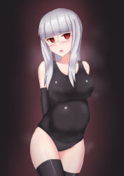 Rule 34 | 1girl, blush, breasts, glasses, hachimitsu-b, heart, heart-shaped pupils, heidimarie w. schnaufer, large breasts, long hair, one-piece swimsuit, pregnant, red eyes, solo, strike witches, swimsuit, symbol-shaped pupils, thighhighs, white hair, world witches series