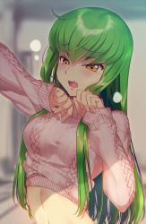 Rule 34 | 1girl, aran sweater, blush, breasts, brown eyes, c.c., cable knit, clothes lift, code geass, creayus, green hair, long hair, medium breasts, midriff, open mouth, sidelocks, sleeves past wrists, solo, sweater, sweater lift, tearing up, tears, turtleneck
