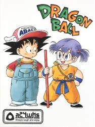 Rule 34 | 1boy, 1girl, :o, a24wks, artist name, blue eyes, blue overalls, commentary request, copyright name, cosplay, costume switch, dougi, dr. slump, dragon ball, dragon ball (classic), glasses, hair bobbles, hair ornament, hand on own hip, hands in pockets, highres, norimaki arale, norimaki arale (cosplay), ruyi jingu bang, open mouth, overalls, purple hair, red shirt, shirt, shoes, smile, sneakers, son goku, son goku (cosplay), twintails, watermark, winged hat, wristband