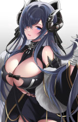 Rule 34 | 1girl, august von parseval (azur lane), azur lane, between breasts, black dress, black hair, blue eyes, breasts, brooch, clothing cutout, cross, curled horns, detached sleeves, dress, gradient background, grey background, highres, horns, iron blood (emblem), iron cross, jewelry, large breasts, lips, long hair, looking at viewer, mechanical horns, one eye covered, short dress, solo, underboob cutout, wide sleeves, yukinimaru