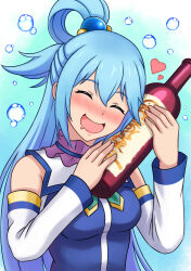 1girl absurdres alcohol aqua_(konosuba) bare_shoulders blue_hair blush bottle breasts bubble closed_eyes detached_sleeves drunk hair_between_eyes hair_ornament heart highres holding holding_bottle kono_subarashii_sekai_ni_shukufuku_wo! long_hair open_mouth sleeveless smile sweeva