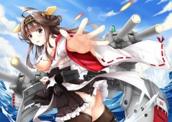 Rule 34 | 10s, 1girl, ahoge, ass, bare shoulders, boots, breasts, brown hair, cloud, d:, day, detached sleeves, double bun, ello, firing, hair bun, hair ornament, hairband, japanese clothes, kantai collection, kongou (kancolle), long hair, looking at viewer, medium breasts, nontraditional miko, open mouth, outstretched hand, palms, personification, purple eyes, sideboob, skirt, sky, solo, thigh boots, thighhighs, torn clothes, torn skirt