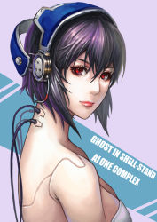 Rule 34 | 1girl, bad id, bad pixiv id, bare shoulders, cable, copyright name, cyborg, ghost in the shell, ghost in the shell stand alone complex, headphones, headset, kusanagi motoko, lieqi hun, lips, looking at viewer, plugged into flesh, purple hair, red eyes, short hair, solo, upper body