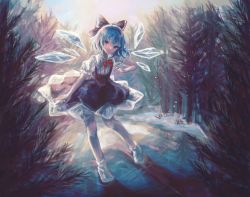 Rule 34 | 1girl, blue bow, blue dress, blue eyes, blue hair, bow, bowtie, cirno, closed mouth, collared shirt, commentary, dress, forest, frilled sleeves, frills, full body, hair bow, ice, ice wings, looking at viewer, nature, outdoors, puffy short sleeves, puffy sleeves, red bow, red bowtie, sachina 417, shirt, short hair, short sleeves, smile, socks, solo, touhou, white shirt, white socks, wings