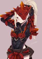 Rule 34 | 1girl, armor, arms behind head, blonde hair, closed mouth, commentary request, e draw paint, highres, long hair, looking at viewer, monster hunter (series), monster hunter, monster hunter: world, odogaron (armor), ponytail, red eyes, simple background, smile, solo, upper body