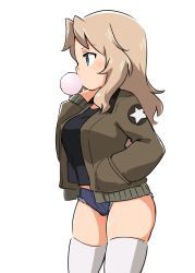 Rule 34 | 1girl, bad id, bad twitter id, black shirt, blonde hair, blue eyes, blue shorts, brown jacket, blowing bubbles, chewing gum, commentary, cowboy shot, cutoffs, denim, denim shorts, emblem, girls und panzer, hair intakes, hand in pocket, hand on own shoulder, highres, inactive account, jacket, kay (girls und panzer), long hair, long sleeves, micro shorts, military, military uniform, ogihara mach, open clothes, open jacket, open mouth, saunders military uniform, shirt, shorts, simple background, skindentation, solo, standing, star (symbol), thighhighs, thighs, uniform, white background, white thighhighs
