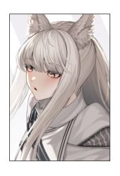 Rule 34 | 1girl, animal ear fluff, animal ears, arknights, blush, brown eyes, commentary request, high collar, horse ears, jacket, long hair, parted lips, platinum (arknights), roki (shouka65), silver hair, solo, upper body, white jacket