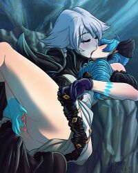 Rule 34 | 2girls, ahoge, artist name, ass, bare shoulders, black bow, black dress, bow, breasts, closed eyes, colored skin, dress, drill hair, fingering, glove bow, gloves, green hair, green skin, grey dress, grey hair, gwen (league of legends), hair bow, khartemis, kiss, large breasts, league of legends, lissandra (league of legends), multiple girls, no headwear, no panties, purple gloves, pussy, shiny skin, twin drills, twintails, yuri