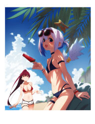 Rule 34 | 2girls, absurdres, against rock, amane kanata, angel wings, arm strap, asymmetrical bangs, asymmetrical hair, beach, bikini, black bikini, black straps, blue hair, border, bracelet, breasts, cloud, colored inner hair, detached wings, earrings, eyewear on head, feathered wings, food, fruit, grey hair, gulim, halo, heterochromia, highleg, highleg bikini, highres, holding, holding food, holding ice cream, hololive, houshou marine, houshou marine (summer), ice cream, ice cream bar, jewelry, large breasts, leaf, leaning on object, long hair, looking at viewer, multicolored hair, multiple bracelets, multiple girls, navel, necklace, o-ring, o-ring thigh strap, pink hair, ponytail, purple eyes, red-framed eyewear, red bikini, red eyes, short hair, short shorts, shorts, single hair intake, sky, small breasts, star halo, streaked hair, sunglasses, swimsuit, thigh strap, tree shade, v, virtual youtuber, watermelon, watermelon slice, white border, white shorts, white wings, wings, yellow eyes