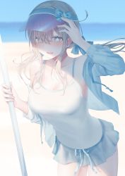 Rule 34 | 1girl, absurdres, beach, blonde hair, blue bow, blue eyes, blue jacket, blue ribbon, blue skirt, blurry, blurry background, blush, bow, breasts, camisole, cleavage, collarbone, hair bow, hand on headwear, hat, highres, holding, holding stick, horizon, jacket, long hair, long sleeves, medium breasts, ocean, open mouth, original, ribbon, skirt, solo, star-shaped pupils, star (symbol), stick, symbol-shaped pupils, unusa, white camisole