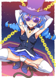 Rule 34 | 1girl, ankle boots, armpits, arms behind head, black shirt, blue-tinted eyewear, blue-tinted glasses, blue cat (precure), blue footwear, blue hair, blue skirt, blush, boots, bound, bound wrists, braid, breasts, cat tail, chain, cleavage, clenched teeth, covered erect nipples, denki showgun, detached collar, dutch angle, elbow gloves, facing viewer, gloves, hat, highres, long hair, medium breasts, miniskirt, panties, pink-framed eyewear, pleated skirt, pointy ears, precure, purple-tinted eyewear, purple hat, pussy juice, pussy juice drip through clothes, pussy juice puddle, restrained, scowl, sex toy, shirt, skirt, solo, spread legs, squatting, star twinkle precure, sunglasses, tail, teeth, thighhighs, tinted eyewear, top hat, twin braids, twintails, underwear, v-neck, vibrator, vibrator in thighhighs, vibrator under clothes, vibrator under panties, white gloves, white panties, white thighhighs, yuni (precure)