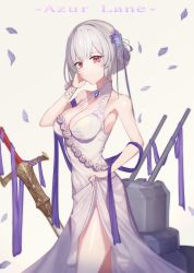 Rule 34 | 1girl, absurdres, azur lane, bare shoulders, breasts, cleavage, closed mouth, commentary, copyright name, dress, evening gown, falling petals, flower, from side, hair flower, hair ornament, halterneck, hand on own cheek, hand on own face, head tilt, highres, large breasts, petals, red eyes, reikrand, rose, silver hair, simple background, sirius (azur lane), sirius (white rose) (azur lane), skirt hold, sleeveless, sleeveless dress, smile, solo, standing, sword, thighs, weapon, white background, white dress, white flower, white rose