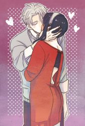 Rule 34 | 1boy, 1girl, absurdres, back cutout, backless outfit, bare shoulders, black hair, black pants, blush, clothing cutout, collared shirt, full-face blush, grey hair, grey sweater, hairband, head hold, heart, highres, husband and wife, kiss, median furrow, pants, shirt, short hair, spy x family, standing, sweater, twilight (spy x family), white shirt, yor briar